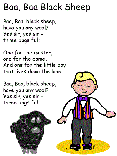 Baa, Baa Black Sheep coloring page with lyrics