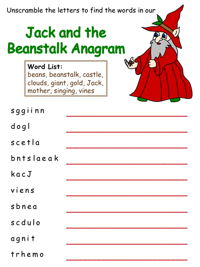 Anagram Puzzle for the Fairy Tale Jack and the Beanstalk
