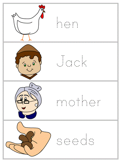 Word Wall Words tracer printable - hen, Jack, mother, seeds