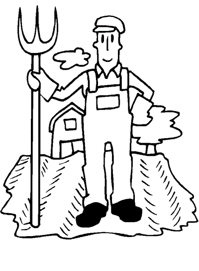 coloring page of a farmer with a pitchfork