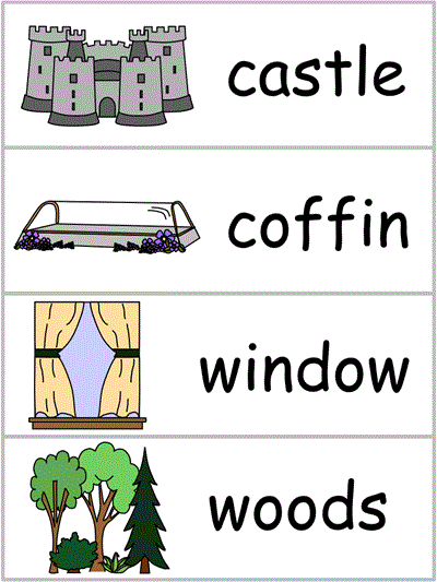 Word Wall Words - castle, coffin, window, woods