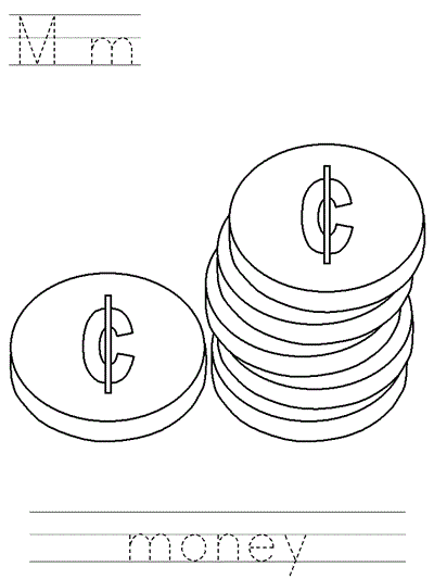 Printable print practice coloring page - Mm money