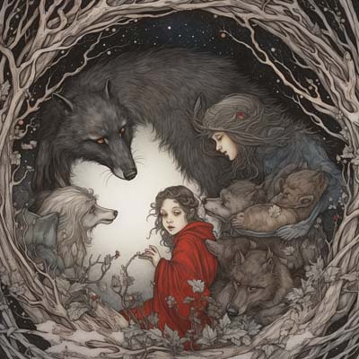 digital artwork of little red riding hood and her wolf family - twisted tale