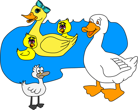 Ugly duckling meets a duck family.