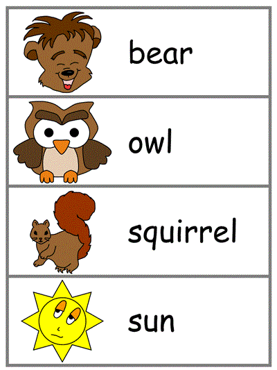 Word Wall Words - bear, owl, squirrel, sun