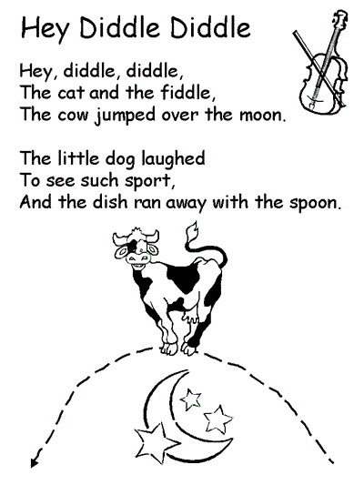 Hey Diddle Diddle coloring page with words to the rhyme