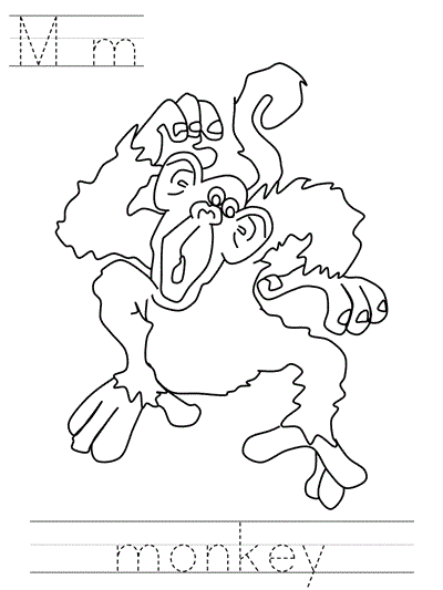 Printable print practice coloring page - Mm monkey