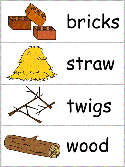 Word Wall Words - brick, straw, twigs, wood