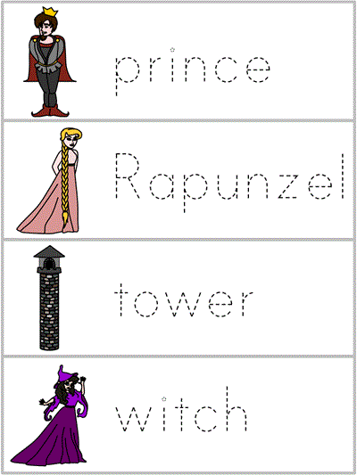 Word Wall Words tracers - prince, Rapunzel, tower, witch