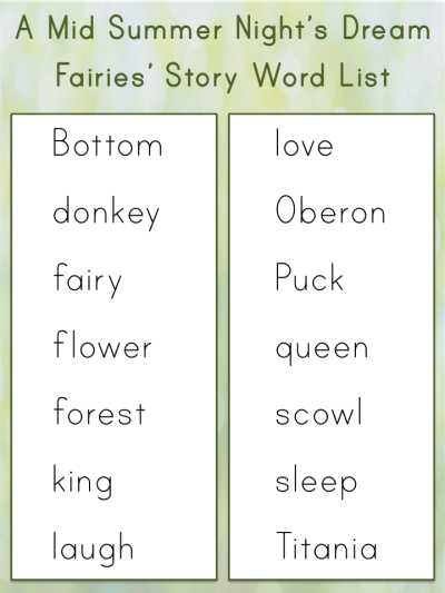 Mid Summer Night's Dream fairies' story word list