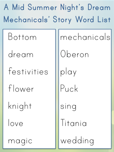 Mid Summer Night's Dream mechanicals' vocabulary word list
